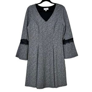 Signature by Robbie Bee Bell Sleeve A-Line Dress Black White Lace Trim Size M